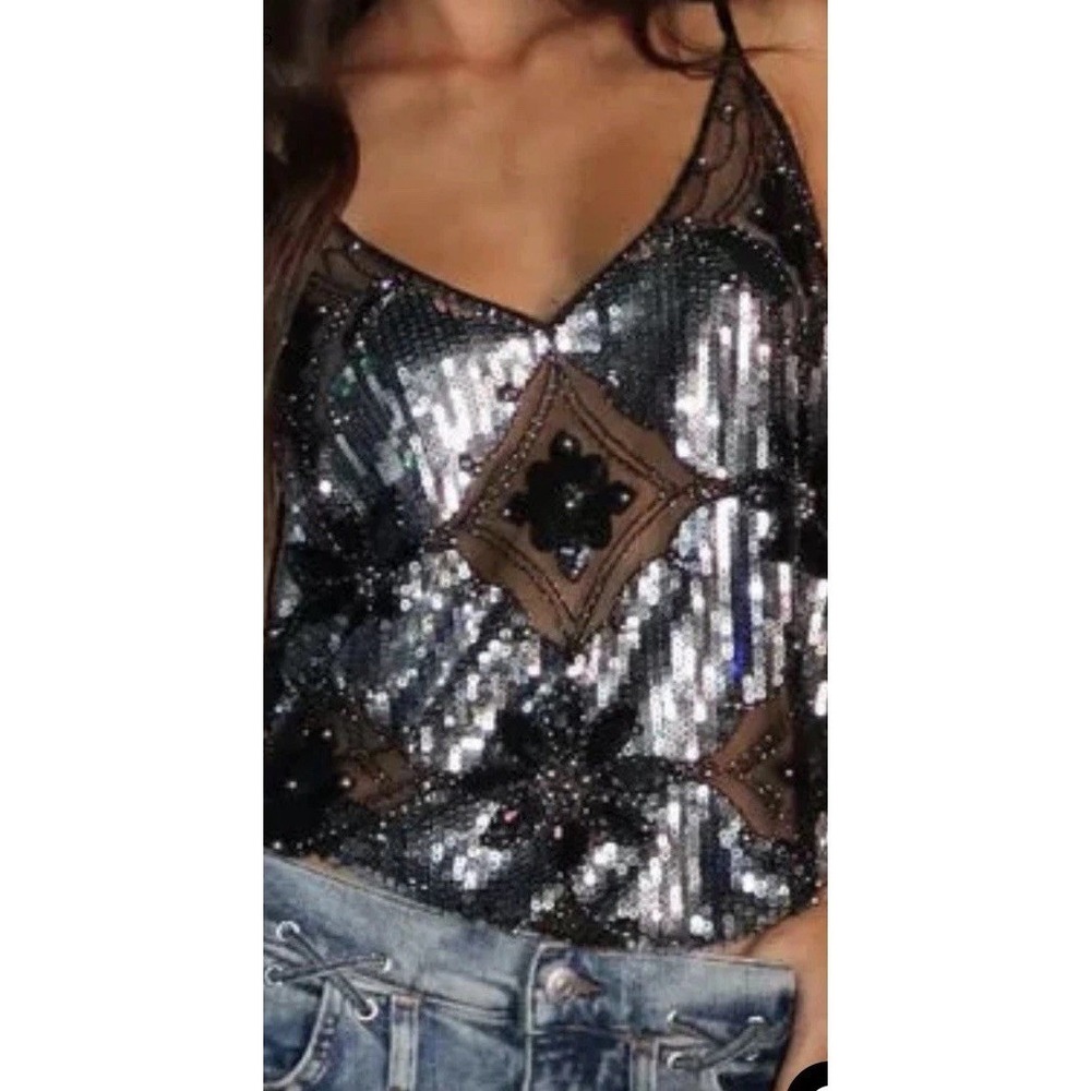 Size S/M Sheer Black & Silver Sequined Beaded Whimsigoth Dark Fairy Strappy Cami